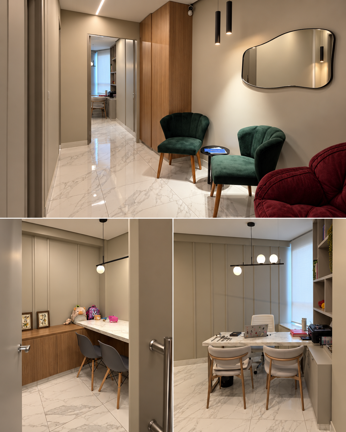 Composição do consultório com a recepção, as poltronas e a sala de atendimento